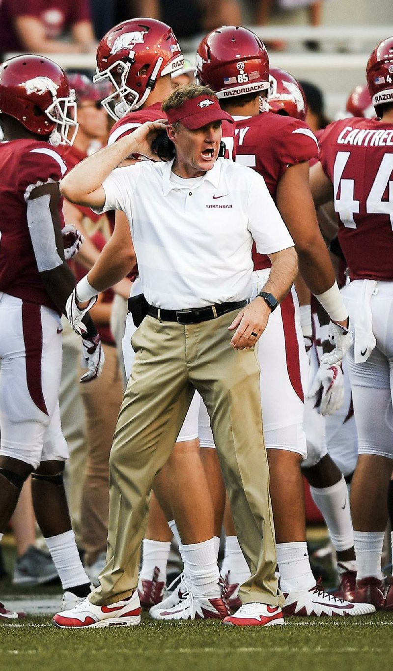 NWA Democrat-Gazette/CHARLIE KAIJO Arkansas Razorbacks head coach Chad Morris reacts after an interception during the fourth quarter of a football game, Saturday, September 15, 2018 at Donald W. Reynolds Razorback Stadium in Fayetteville.

