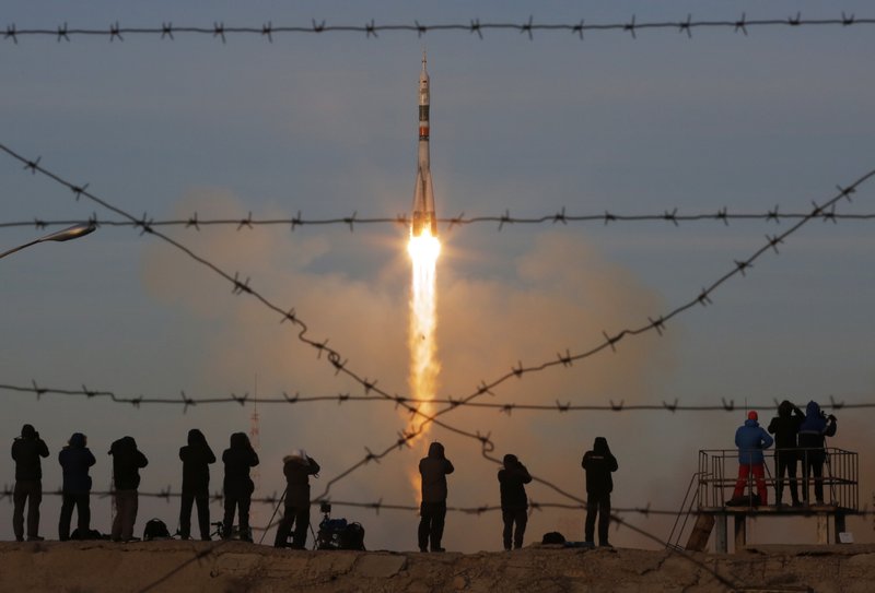 The Associated Press RUSSIAN ROCKET: The Soyuz-FG rocket booster with Soyuz MS-11 space ship carrying a new crew to the International Space Station, ISS, blasts off at the Russian leased Baikonur cosmodrome, Kazakhstan, Monday. The Russian rocket carries U.S. astronaut Anne McClain, Russian cosmonaut Oleg Kononenko and CSA astronaut David Saint Jacques.