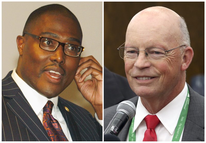 FILE - This combination of file photos shows candidates for mayor of Little Rock, Ark., from left, Frank Scott and Baker Kurrus, who are running in the Tuesday, Dec. 4, 2018, runoff election for the nonpartisan, open seat. (File photos)

