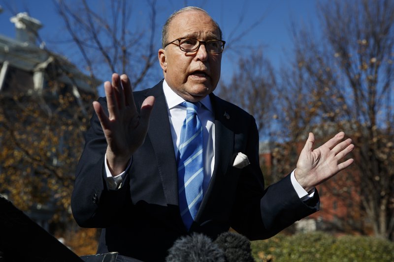 White House chief economic adviser Larry Kudlow talks with reporters about trade negotiations with China, at the White House, Monday in Washington. (AP Photo/Evan Vucci)

