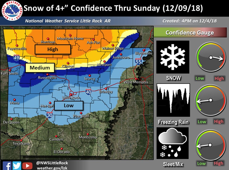 The National Weather Service projected the areas where four or more inches of snow might fall this weekend in Arkansas.