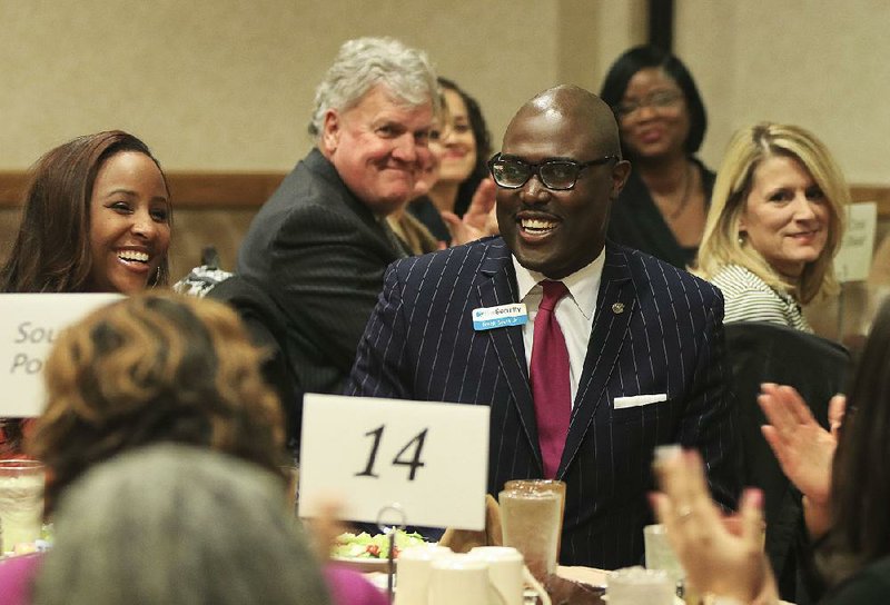 Frank Scott Jr. gets a round of applause from participants Wednesday as he is introduced as Little Rock’s next mayor at an Urban League of Arkansas event in North Little Rock. 