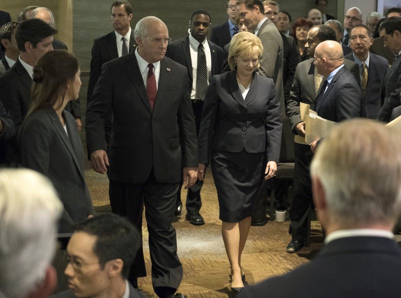 This image released by Annapurna Pictures shows Christian Bale as Dick Cheney, left, and Amy Adams as Lynne Cheney in a scene from "Vice." On Thursday, Dec. 6, 2018, the film was nominated for a Golden Globe award for best motion picture musical or comedy. The 76th Golden Globe Awards will be held on Sunday, Jan. 6. (Matt Kennedy/Annapurna Pictures via AP)