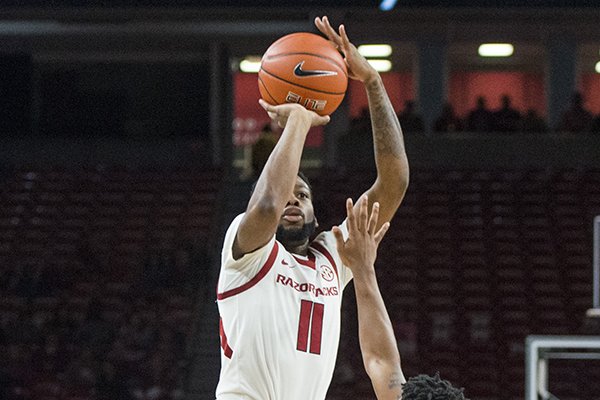 Keyshawn Embery-Simpson of Arkansas shoots in the first half vs Tusculum Friday, Oct. 26, 2018, during an exhibition game in Bud Walton Arena in Fayetteville.