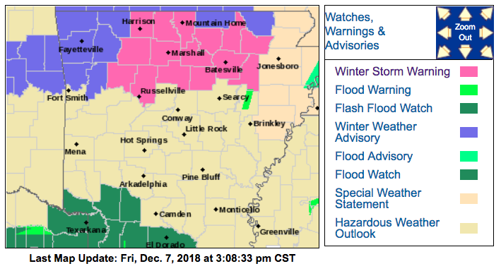 This National Weather Service graphic details warnings, watches and advisories set around the state as of 3 p.m. Friday. 