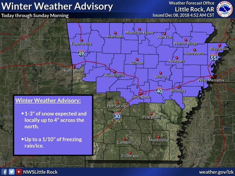 A winter weather advisory is set for much of the northern half of Arkansas starting on Saturday and remaining in effect through Sunday morning. 