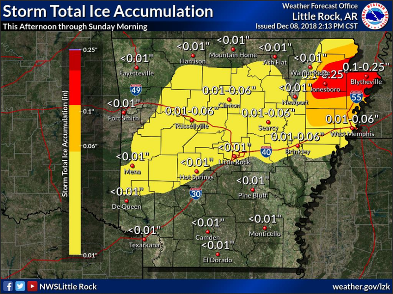 Some parts of northeast Arkansas could see as much as tenth of an inch of ice, the National Weather Service says.