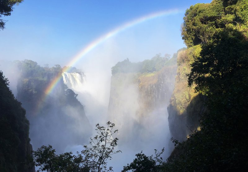 Intrepid Travel's nine-day tour started on the Zimbabwe side of Victoria Falls, the largest waterfall in the world. Tourgoers could pay extra for such excursions as a helicopter ride or a gorge swing. MUST CREDIT: Washington Post photo by Andrea Sachs.