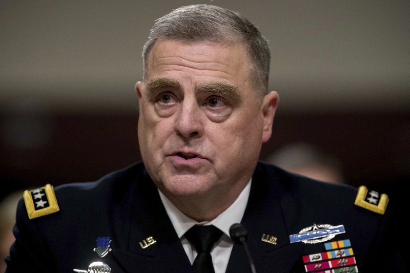In this May 25, 2017 file photo, Army Chief of Staff Gen. Mark Milley listens to a question while testifying on Capitol Hill in Washington, before a Senate Armed Services Committee hearing on the Army's fiscal 2018 budget. 