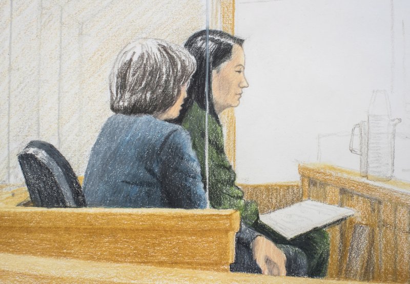 In this courtroom sketch, Meng Wanzhou (right), the chief financial officer of Huawei Technologies, sits beside a translator during a bail hearing at British Columbia Supreme Court in Vancouver on Friday, Dec. 7, 2018. Meng faces extradition to the U.S. on charges of trying to evade U.S. sanctions on Iran. She appeared in a Vancouver court Friday to seek bail. (Jane Wolsak/The Canadian Press via AP)