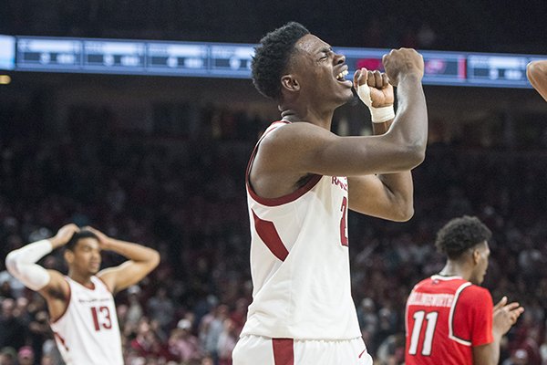 Adrio Bailey of Arkansas reacts after missing a shot on the final play of the game that would have given Arkansas the win vs Western Kentucky Saturday, Dec. 8, 2018, at Bud Walton Arena in Fayetteville. The final score was Western Kentucky 78, Arkansas 77.