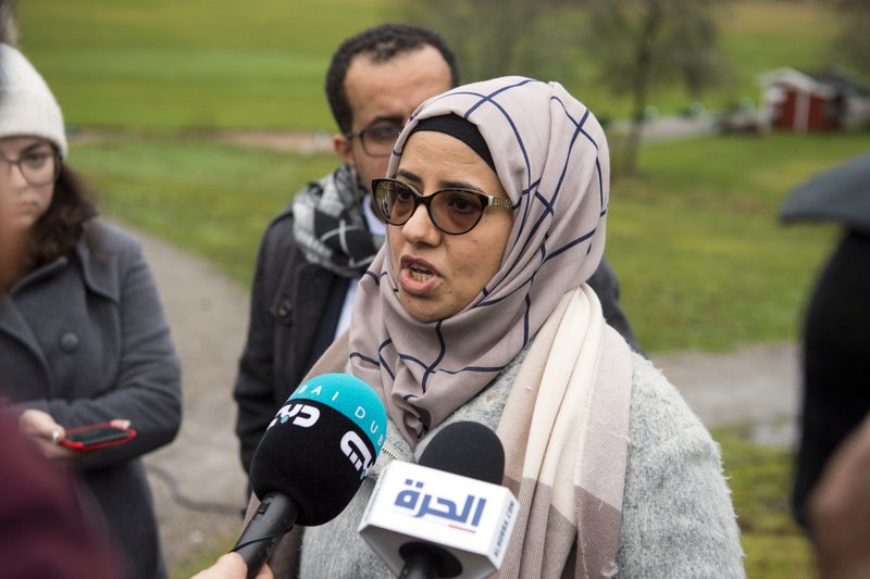 Rana Ghanem, member of a Yemeni government delegation, speaks to journalists during the ongoing peace talks on Yemen held at Johannesberg Castle, in Rimbo, Sweden, Saturday, Dec. 8, 2018. Yemen's warring parties are meeting for a third day of talks in Sweden aimed at halting the country's catastrophic 4-year-old war. (Henrik Montgomery/TT News Agency via AP)