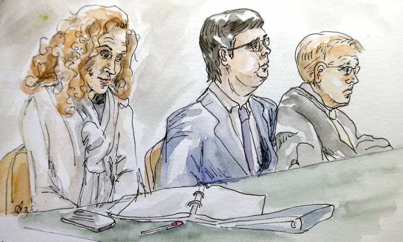 In this courtroom sketch James Alex Fields Jr., center, sits with his attorney's Denise Lunsford, left, and John Hill during the second day of jury selection in his trial in Charlottesville General District Court in Charlottesville, Va., Tuesday, Nov. 27, 2018. Fields is accused of killing a woman during a white nationalist rally in Virginia last year. (Izabel Zermani via AP)