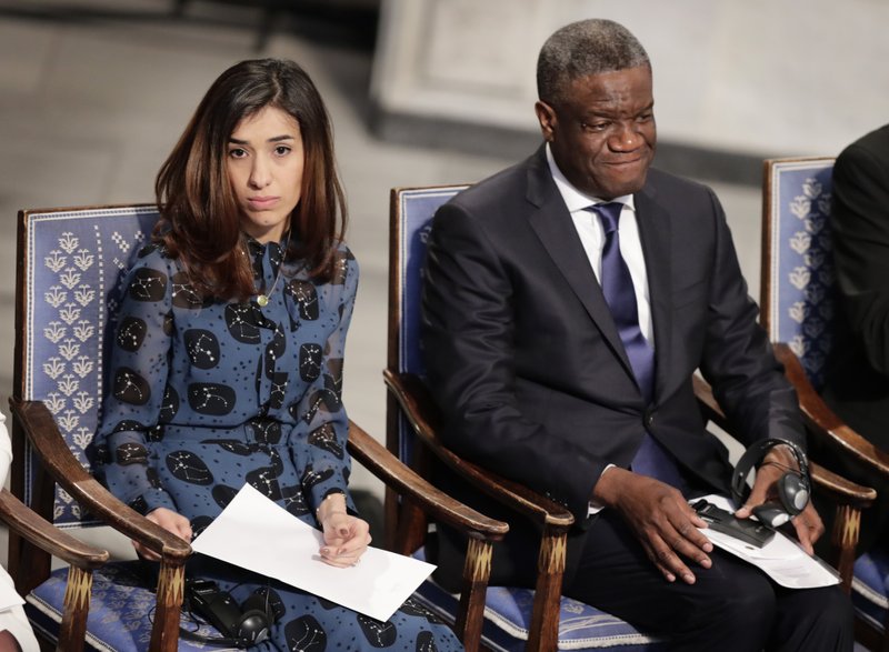The Peace Price laureates Nadia Murad and Dr. Denis Mukwege attend the Nobel Peace Prize Ceremony in Oslo Town Hall, Oslo on Monday. Dr. Denis Mukwege from Congo and Nadia Murad from Iraq will jointly receive the Nobel Peace Prize for their efforts to end the use of sexual violence as a weapon of war and armed conflict. (Berit Roald / NTB scanpix via AP)

