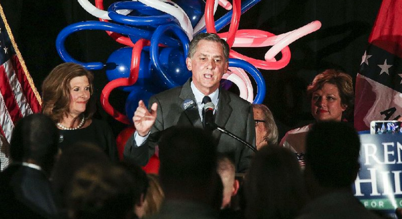 U.S. Rep. French Hill, center, gives his acceptance speech during the Republican watch party at the Embassy Suites in Little Rock Tuesday, Nov 6, 2018. - Photo by Mitchell PE Masilun
