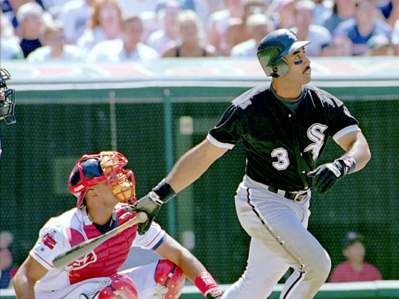 The Associated Press HAROLD BAINES?: Chicago White Sox designated hitter Harold Baines (3) watching his ninth-inning solo home run head for the center field seats during a 3-2 win over the Indians on July 6, 1996, in Cleveland.