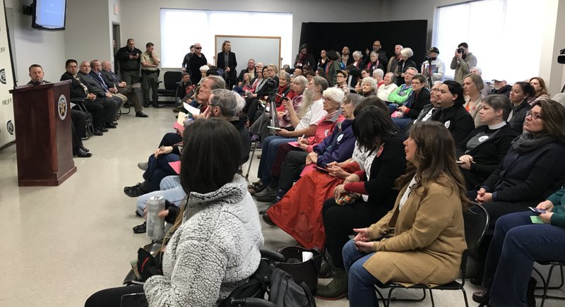 NWA Democrat-Gazette/DOUG THOMPSON
Overflow crowd of at least 150 people at a meeting to discuss local enforcement of immigration laws at the Benton County Sheriff’s office.