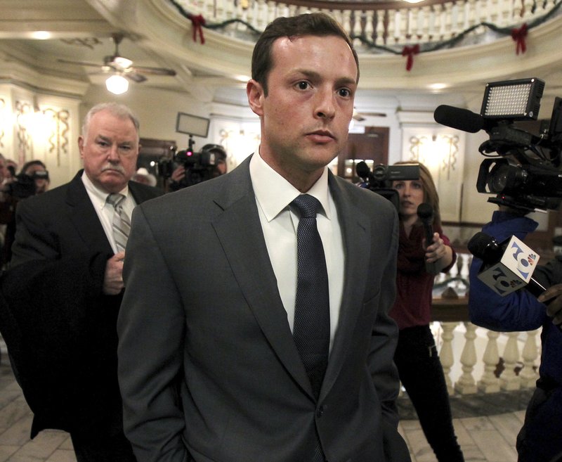 Former Baylor University fraternity president Jacob Anderson walks out of the courtroom Monday Dec. 10, 2018. Mr. Anderson, accused of rape, will serve no jail time after a Waco district judge accepted a plea bargain for deferred probation. (Jerry Larson/Waco Tribune Herald via AP)

