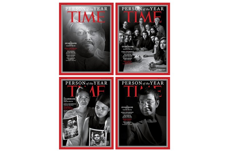 This combination photo provided by Time Magazine shows their four covers for the "Person of the Year," announced Tuesday, Dec. 11, 2018. The covers show Jamal Khashoggi, top left, members of the Capital Gazette newspaper, of Annapolis, Md., top right, Wa Lone and Kyaw Soe Oo, bottom left, and Maria Ressa. The covers, which Time called the "guardians and the war on truth," were selected "for taking great risks in pursuit of greater truths, for the imperfect but essential quest for facts that are central to civil discourse, for speaking up and speaking out." (Time Magazine via AP)

