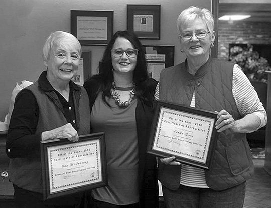 Submitted photo APPRECIATION: Jan McInerney, left, and Linda Green, right, received Certificates of Appreciation from Holli Browning, director of Small Group Therapy in Hot Springs.