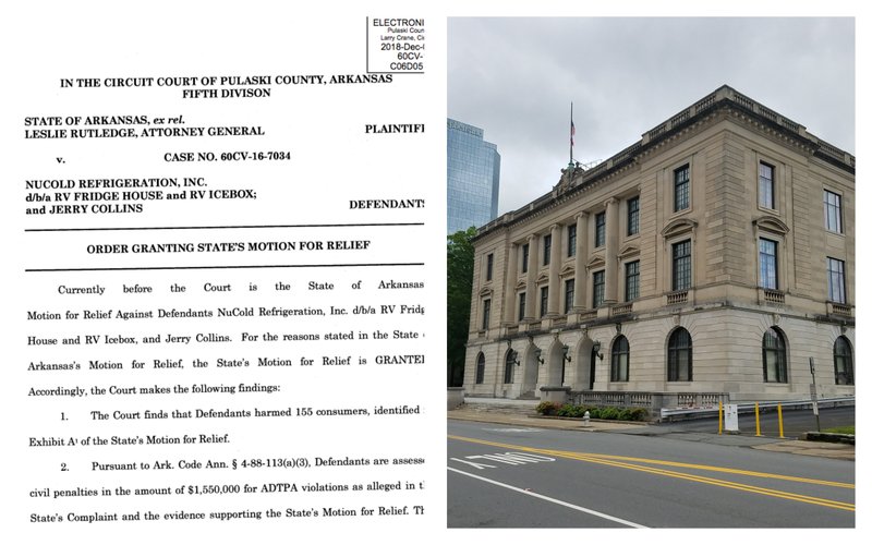 A screenshot of a judge's order requiring a Conway County recreational vehicle repair company pay $1.6 million in fines is shown beside a file photo of the Pulaski County courthouse.