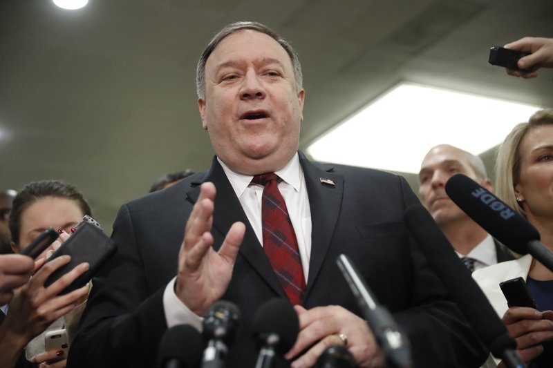 In this Nov. 28, 2018, file photo, Secretary of State Mike Pompeo speaks to members of the media at the Capitol in Washington. The Trump administration has placed Pakistan on its list of worst offenders for nations that infringe on religious freedom.  (AP Photo/Pablo Martinez Monsivais, File)