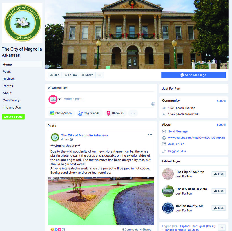 A screenshot shows the “City of Magnolia, Arkansas” Facebook account.