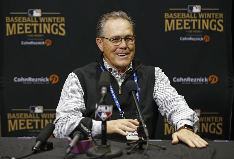 Kansas City Royals manager Ned Yost speaks during a news conference at the Major League Baseball winter meetings, Tuesday, Dec. 11, 2018, in Las Vegas. (AP Photo/John Locher)