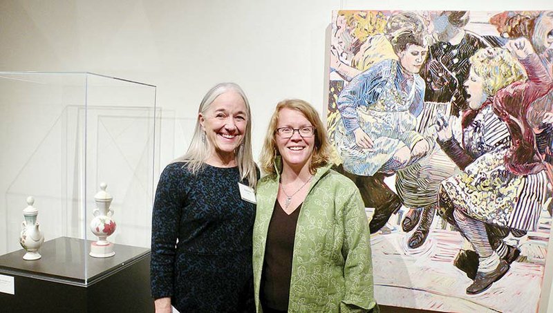 Katherine Strause, left, and Liz Smith are participating in an art exhibit at the Historic Arkansas Museum in Little Rock. Among the artworks on display are Jump Rope, a large oil painting by Strause, and a ceramic teapot and lidded jar and stand by Smith.