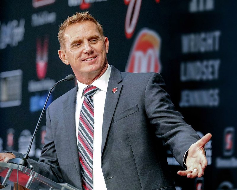 Arkansas State football coach Blake Anderson is shown speaking at the Little Rock Touchdown Club.