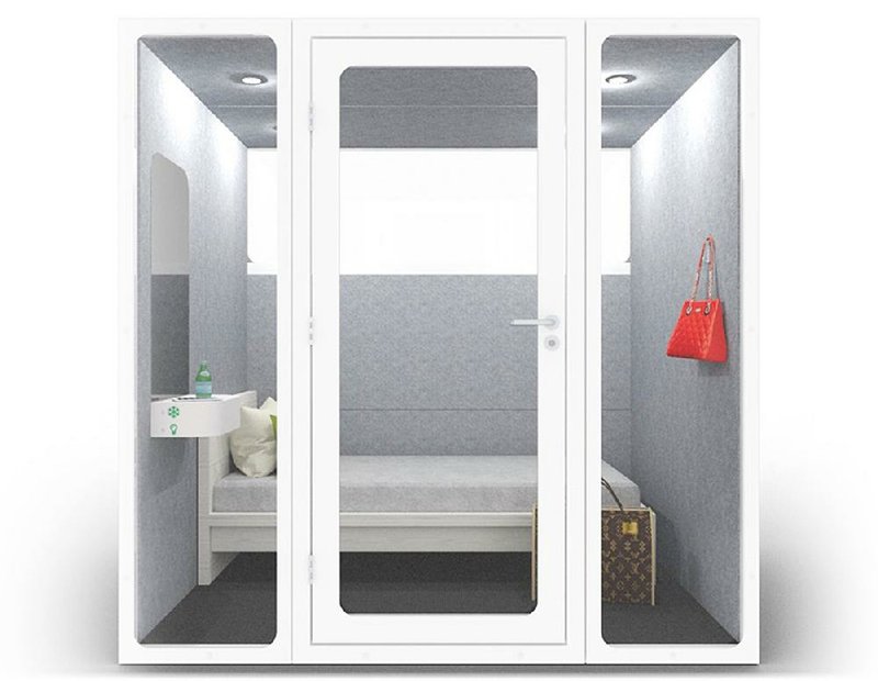 Each soundproofed Hohm pod has a twin-size bed, mirror and phone-charging station. 