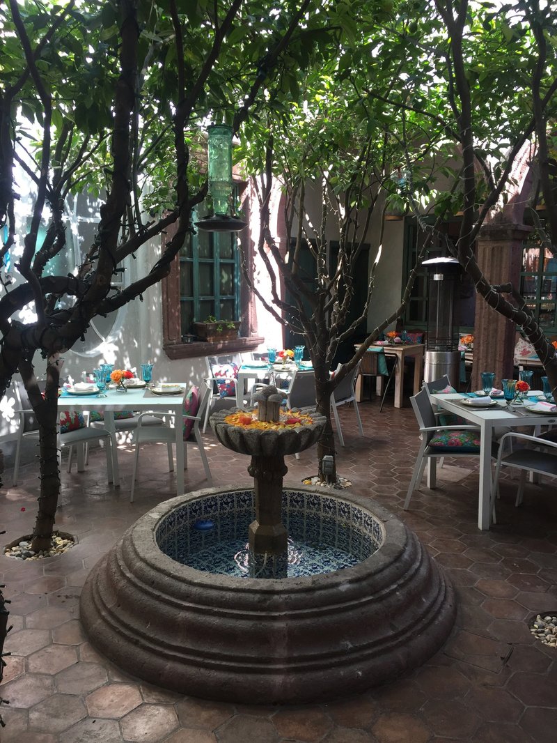 This Nov. 23, 2018 photo provided by Kim Curtis shows a courtyard garden in San Miguel de Allende, Guanajuato, Mexico. Step off the dusty cobblestone streets and peek behind nondescript, weather-worn brick facades and encounter the startlingly beautiful courtyard gardens of the central Mexican town of San Miguel de Allende. These oases of beauty and calm claim their roots in the traditional Moorish gardens of ancient Spain. (Kim Curtis via AP)