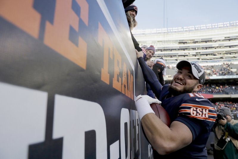 Chicago Bears quarterback Mitchell Trubisky (10) celebrates with fans after an NFL football game against the Green Bay Packers Sunday, Dec. 16, 2018, in Chicago. The Bears won 24-17. (AP Photo/Nam Y. Huh)