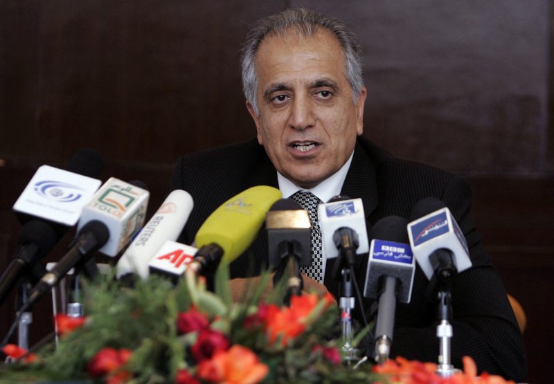 FILE - In this March 13, 2009, file photo, Zalmay Khalilzad, special adviser on reconciliation speaks during a news conference in Kabul, Afghanistan. The Taliban say they are holding &quot;another&quot; meeting on Monday, Dec. 17, 2018 with U.S. officials, this time in the United Arab Emirates and also involving Saudi, Pakistani and Emirati representatives in the latest attempt to bring a negotiated end to Afghanistan's 17-year war. (AP Photo/Rafiq Maqbool)