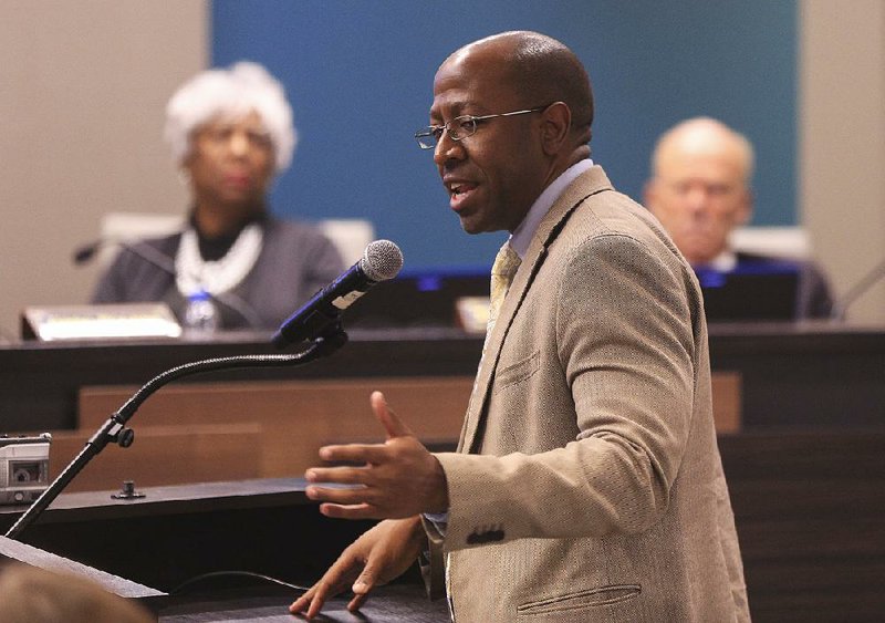 Khori Whittaker, head of the national Lighthouse Academies network of charter schools, defends the Pine Bluff Lighthouse Academy at Tuesday’s meeting of the Arkansas Charter Authorizing Panel in Little Rock, but the panel denied renewal of the state charter for the school. 