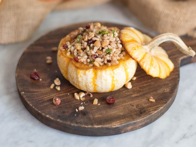 Baked Mini Pumpkins Stuffed With Herbed Farro and Peanuts
Courtesy of National Peanut Board
