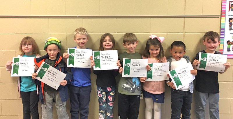 Photo submitted The Big 3 November Round-Up award winners for first grade are Allie Allen (left), Justin Davis, Dax Porter, Farrah Rhine, Remy Poe, Channing Parker, Vicente Lagajino and Hayden Stout.
