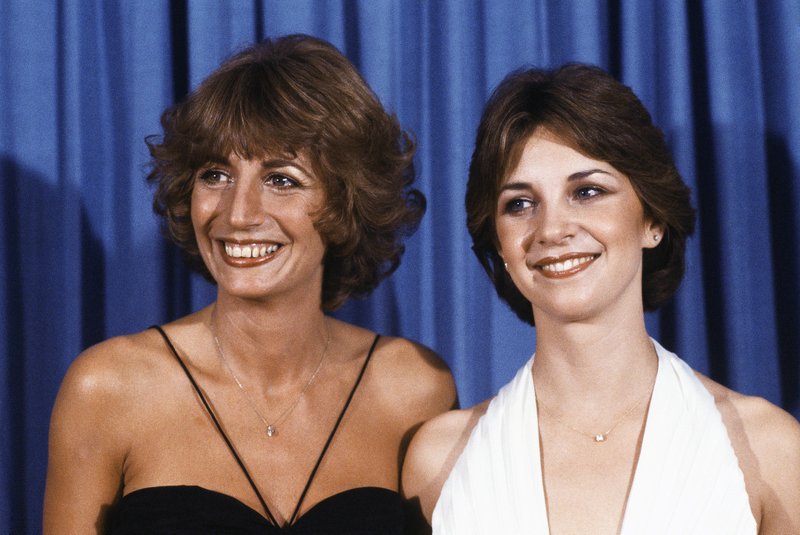 In this Sept. 9, 1979 file photo, Penny Marshal, left, and Cindy Williams from the comedy series "Laverne & Shirley" appear at the Emmy Awards in Los Angeles. Marshall died of complications from diabetes on Monday, Dec. 17, 2018, at her Hollywood Hills home. She was 75. 