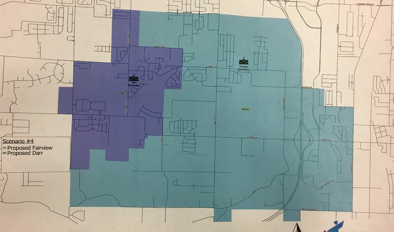 Courtesy photo/ROGERS SCHOOL DISTRICT This map depicts part of the Rogers School District and how attendance zones will be affected by the opening of Fairview Elementary School. Fairview's boundary is seen in light blue, while neighboring Darr Elementary is seen in dark blue.