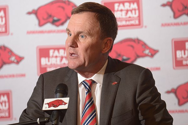 Arkansas coach Chad Morris speaks Wednesday, Dec. 19, 2018, during a press conference to announce the players who signed to play for Arkansas.
