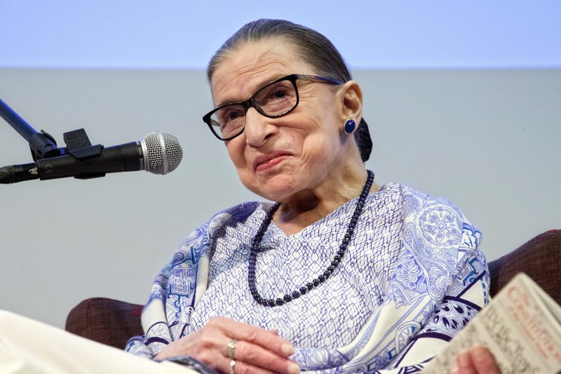In this July 5, 2018 file photo, US Supreme Court Justice Ruth Bader Ginsburg speaks after the screening of "RBG" the documentary about her, in Jerusalem. 