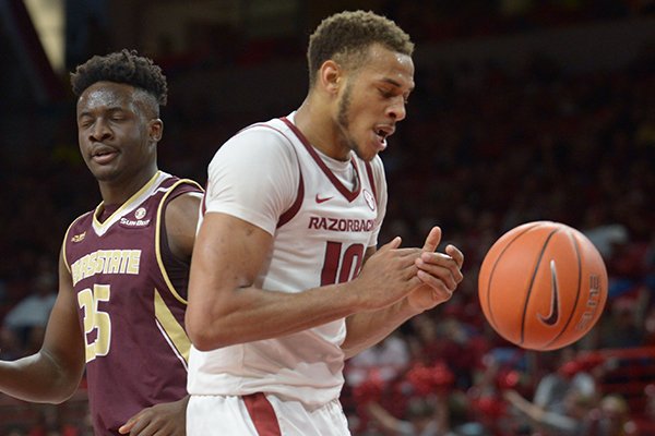 Arkansas Texas State Saturday, Dec. 22, 2018, during the first half in Bud Walton Arena. Visit nwadg.com/photos to see more photographs from the game.