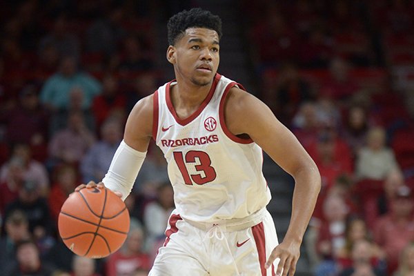 Arkansas Texas State Saturday, Dec. 22, 2018, during the first half in Bud Walton Arena. Visit nwadg.com/photos to see more photographs from the game.