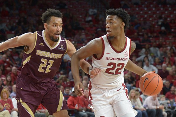 Arkansas Texas State Saturday, Dec. 22, 2018, during the second half in Bud Walton Arena. Visit nwadg.com/photos to see more photographs from the game.