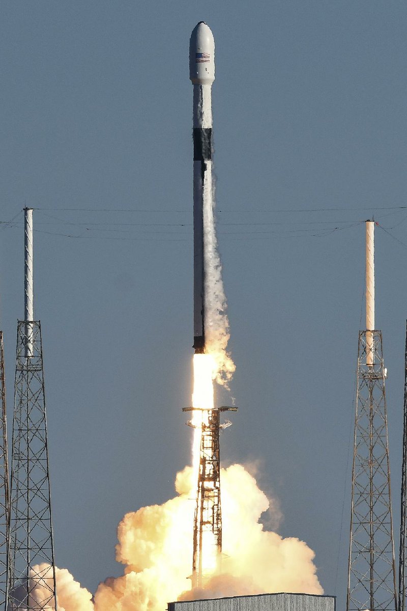 A SpaceX Falcon 9 rocket lifts off at the Cape Canaveral Air Force Station in Cape Canaveral, Fla., on Sunday, carrying the Air Force’s GPS satellite. 