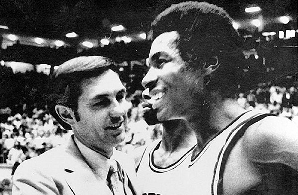 ADG file photo 3/18/78 Eddie Sutton, coach of the Arkansas Razorbacks congratulates Marvin Delph, forward, after they defeated Cal State Fullerton 61-58 in the NCAA Far Western Championship at Albuquerque, N.N. ADG file photo 3/18/78 Eddie Sutton, coach of the Arkansas Razorbacks congratulates Marvin Delph, forward, after they defeated Cal State Fullerton 61-58 in the NCAA Far Western Championship at Albuquerque, N.N.