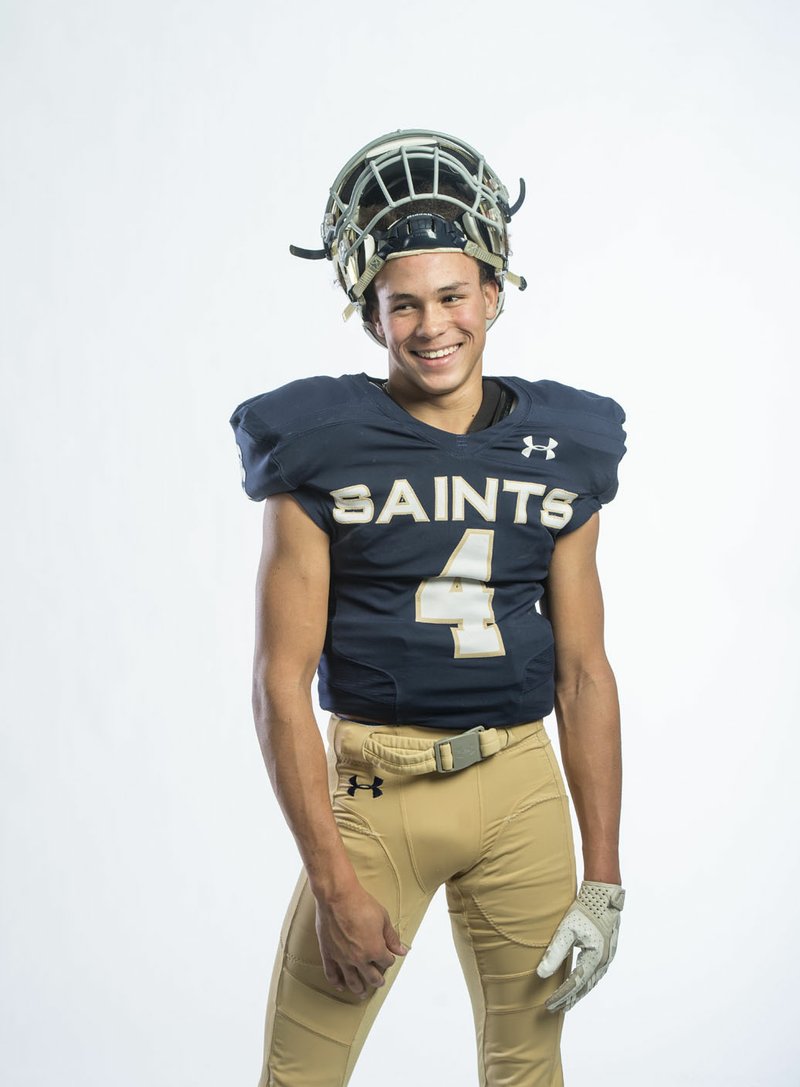 NWA Democrat-Gazette/BEN GOFF @NWABENGOFF Jaiden Henry of Shiloh Christian, division II football newcomer of the year, poses for a photo Tuesday, Dec. 11, 2018, at the Northwest Arkansas Democrat-Gazette studio in Springdale.