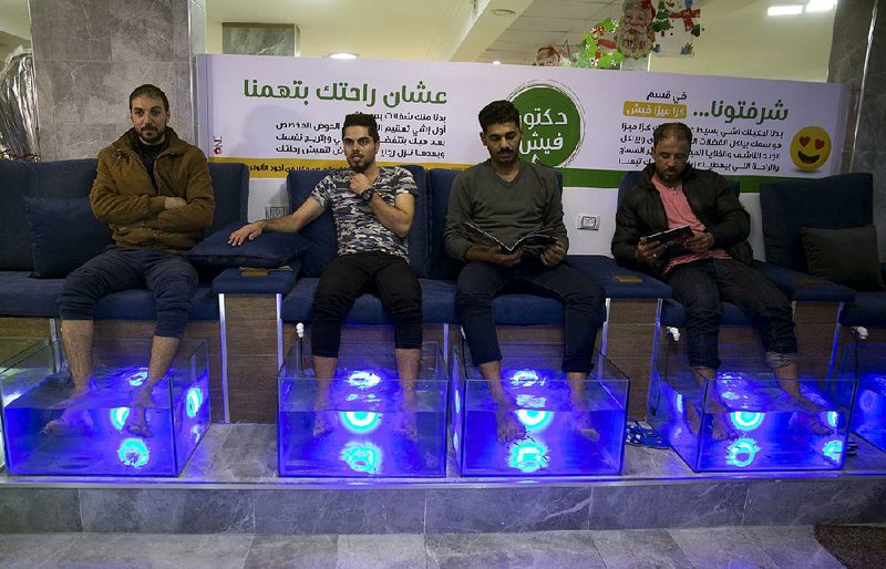 Palestinians soak their feet in tanks stocked with fish at a cafe in Gaza City last month. 