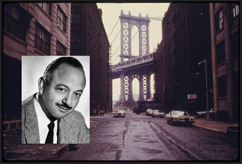 Mel Blanc 1959 (publicity still) and Manhattan Bridge Tower in Brooklyn, New York (U.S. National Archives)