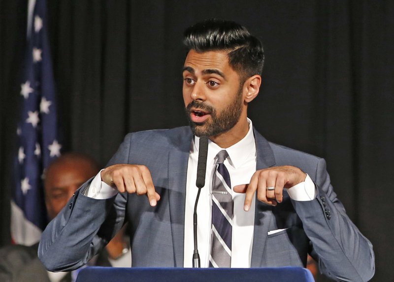 FILE - In this May 10, 2017 file photo, Muslim-American comedian Hasan Minhaj cracks jokes for the audience after New York Mayor Bill de Blasio proclaimed May 10th as &quot;Hasan Minhaj Day,&quot; at Gracie Mansion, in New York. In December 2018, Netflix is facing criticism for pulling an episode, from viewing in Saudi Arabia of Minhaj's &quot;Patriot Act&quot; that lambasted Saudi Crown Prince Mohammed bin Salman over the killing of writer Jamal Khashoggi and the Saudi-led war in Yemen. (AP Photo/Kathy Willens, File)